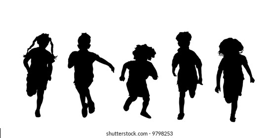 Silhouette Of Five Children Running