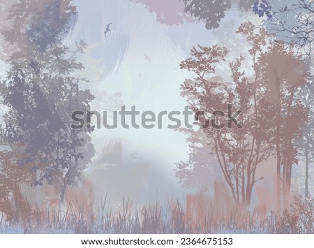 Silhouette of the forest in cold colors in watercolor style