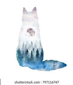 A silhouette of a fox with the forest landscape inside. Watercolor illustration of a fox in its habitat.