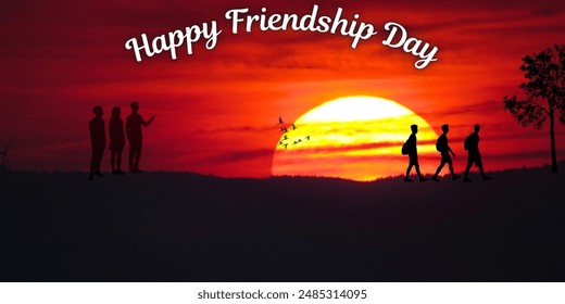 Silhouette friends on mountain watching sunset, happy international friendship day, friendship day background - Powered by Shutterstock