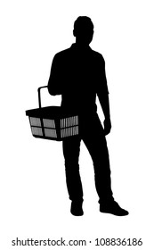 A Silhouette Of A Full Length Portrait Of A Man Holding An Empty Shopping Basket Isolated On White Background