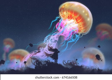 silhouette girl looking at giant jellyfish floating in the sky, digital art style, illustration painting
