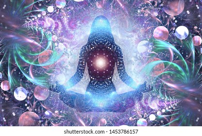 Silhouette Of A Girl In Lotus Position On The Background Of The Universe. A State Of Trance And Deep Meditation. A Spiritual Journey In The Universe.