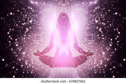 Silhouette Of A Girl In Lotus Position On The Background Of The Universe. A State Of Trance And Deep Meditation. A Spiritual Journey In The Universe.
