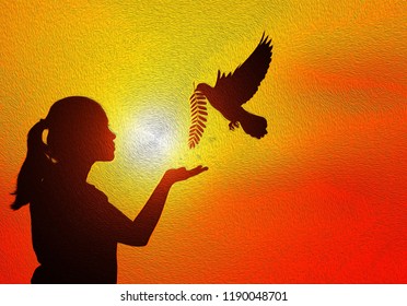 Silhouette Of Girl And One Hand Desire To Dove Fly On Sunset Time. Oil Painting