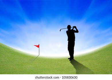 Silhouette of Golfer on green and blue sky - Powered by Shutterstock