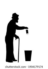 Silhouette Of Grandfather Throws Medical Mask Into Trash. Illustration Symbol Icon