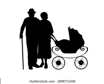 Silhouette Of Grandparents With Baby Stroller. Illustration Graphics Icon Vector