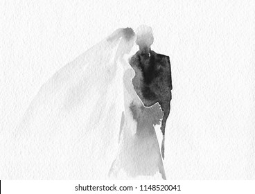 Silhouette Of Groom And Bride. Watercolor Illustration