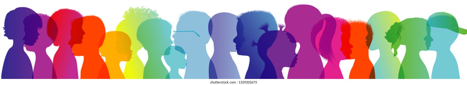 Silhouette group of modern children in rainbow colored profile. Communication between multi-ethnic children. Children talking. Multiple exposure