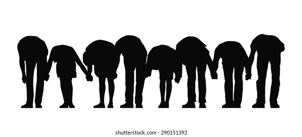 silhouette of group of people holding their hands standing in a row making a bow, front view