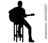 The silhouette of the guitar player is sitting on a tall chair. Perfect for stickers, icons and elements or advertising ornaments