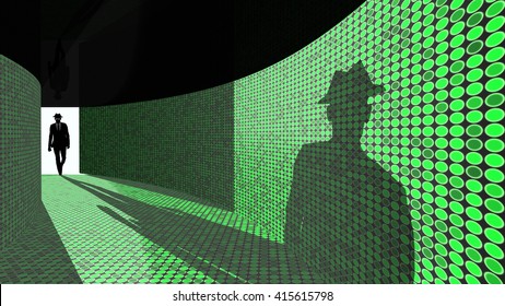 A Silhouette Of A Hacker With A Black Hat In A Suit Enters A Hallway With Walls Textured With Green Dots 3D Illustration Backdoor Concept