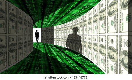 A Silhouette Of A Hacker With A Black Hat In A Suit Enters A Hallway With Walls Textured With Dollar Bills 3D Illustration Cybersecurity Concept