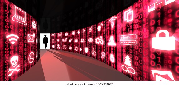 A Silhouette Of A Hacker With A Black Hat In A Suit Enters A Hallway With Walls Textured With Red Digital Glowing Security Threat Icons 3D Illustration Cybersecurity Concept