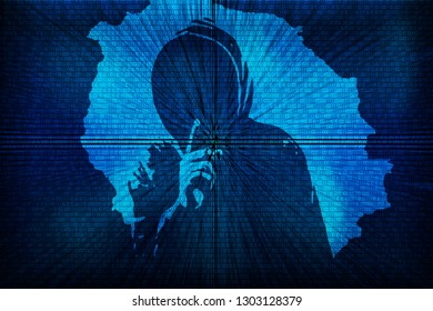 Silhouette of a hacker on a background with binary code