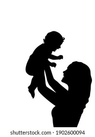 Silhouette happy mother holding newborn baby in air closeup. Illustration graphics icon vector