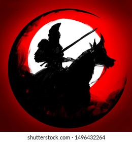 Silhouette of a horseman with a sword on a red background . 2D Illustrations.