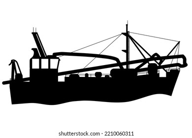 Silhouette Icon Of Coastal Trawler With Suction Dredging Equipment For Coastal Shellfish Fishing.  Isolated On White Background.

