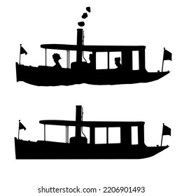 Silhouette Icon Of Edwardian Steam Launch Boat.  Image With People And Some And Basic Boat.  Isolated On White