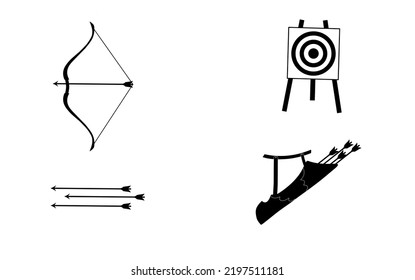 Silhouette Illustration Of Archery Equipment Set. Bow, Arrow, Quiver, And Archery Target