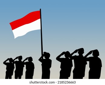 silhouette illustration of the ceremony group saluting the red and white Indonesian national flag on independence day
