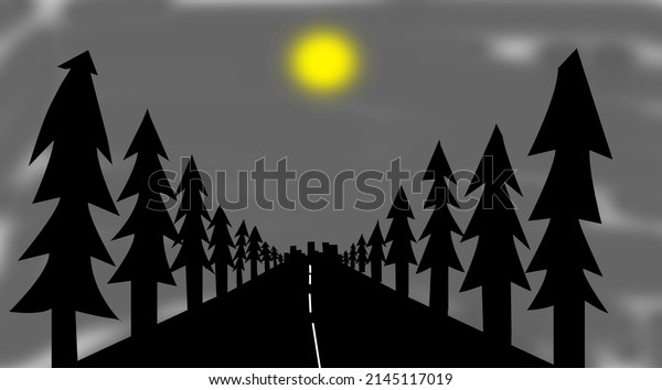 Silhouette\
illustration of cloudy forest\
road