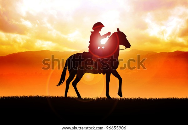 Silhouette illustration of a cowboy riding a horse during sunset