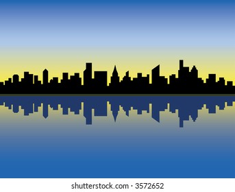 A Silhouette Illustration Of A Generic City Skyline Reflected In Water At Sunrise. Vector Format Also Available.
