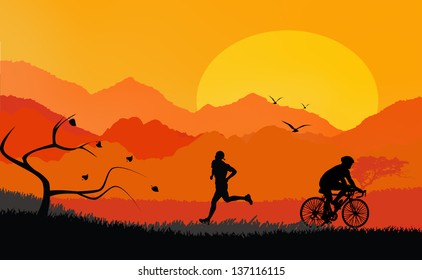 silhouette Illustration of a man running and cycling by the countryside during sunset - Powered by Shutterstock