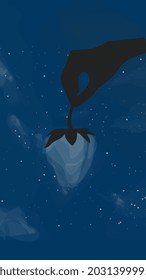 Silhouette Illustration Of Picking Fruit Coming From A Collection Of Clouds At Night