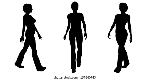 Silhouette illustrations of a woman walking on a white background