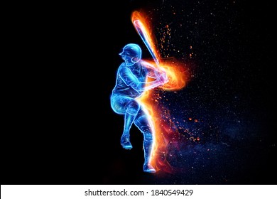 Silhouette, image of a baseball player with a bat on fire, blue hologram on a dark background. Sports concept, betting, American game. 3D illustration, 3D render