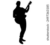 Silhouette image of a guitar player on a white background, suitable for tattoos, logos, icons, stickers, advertising