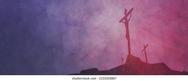 A silhouette of Jesus Christ being crucified on the cross at Calvary. Symbolic of Good Friday. In wide format. 