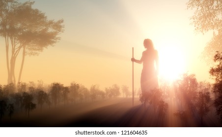 Silhouette of Jesus in the sunlight