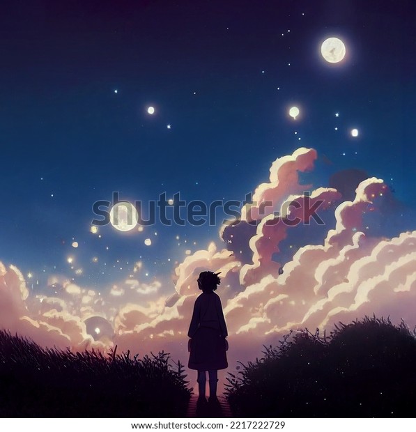 Silhouette Kid Looking Sky Night Anime Stock Illustration 2217222729 ...