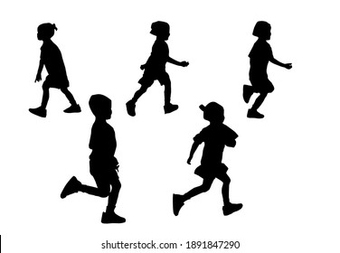 Silhouette Kids Running Playing With White Background With Clipping Path. 