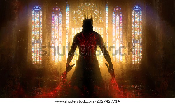 The silhouette of the king on his knees, he holds two\
whips for self-flagellation in the middle of a Gothic cathedral\
with bright sunny stained glass windows , his back is wounded and\
bleeding 2d art