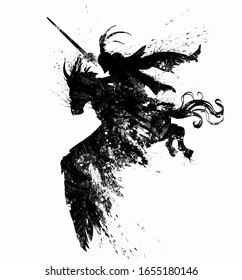 The silhouette of a knight in a cloak and helmet with a tail, flying through the sky on top of a Pegasus with huge wings and a horn on his head, the drawing consists of smears and blotches . 2D illust