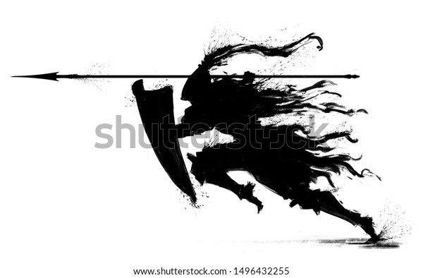 Silhouette Knight Dynamic Pose Spear Sword Stock Illustration