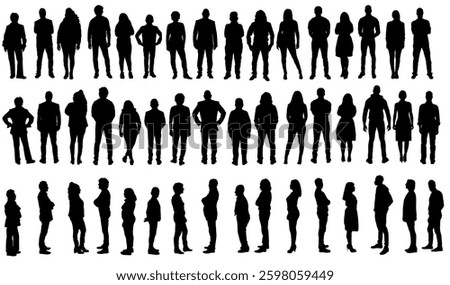   silhouette of large group of front, back and side view of same group of people on white background