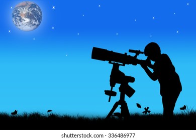 silhouette of little boy looking through a telescope at night background,the backdrop of the planet earth. Elements of this image furnished by NASA.