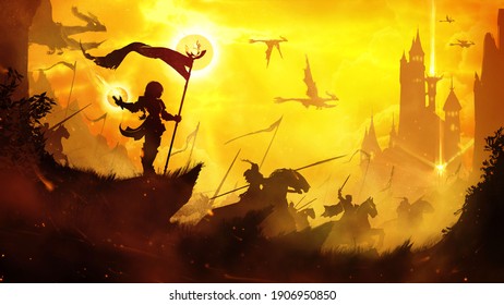 Silhouette of a little girl with a flag standing in a battle-calling pose, under her command an army of knights on horseback and dragons flying through the yellow sky. 2d illustration