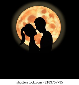 Silhouette of lovers, bright full moon, young man and woman illustration. Valentine's day concept. Idea of love and passion.