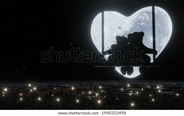 Silhouette Lovers Teddy Bears Hugging Sitting\
On Swings heart shape Full moon night stars in sky Fireflies fly\
over the grass and water surface. The romantic of lovers Valentine\
Theme. 3D\
Rendering
