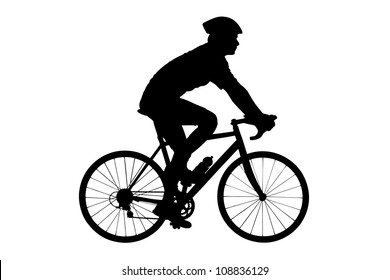 A silhouette of a male biker with helmet biking isolated against white background