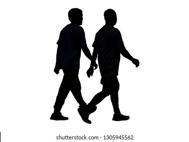 Silhouette Male And Female Walking Exercise For Health At Area Stadium Outdoors.