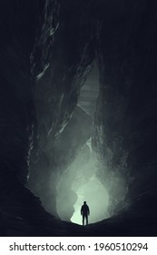 silhouette of a man in a cave, surreal underground landscape, 3d illustration