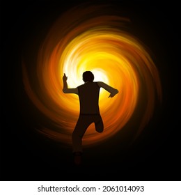 Silhouette of a man falling into the portal traveling in time or somewhere in the fantasy world. Can be used as a wallpaper or poster for movies. Good contrast background in large size. - Powered by Shutterstock